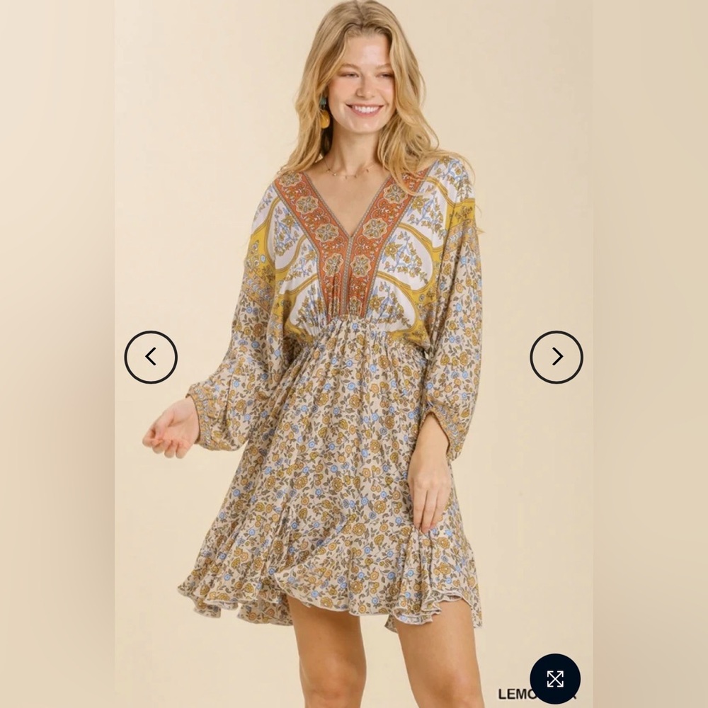 Umgee Mixed Print Long Sleeve Dress Size Large